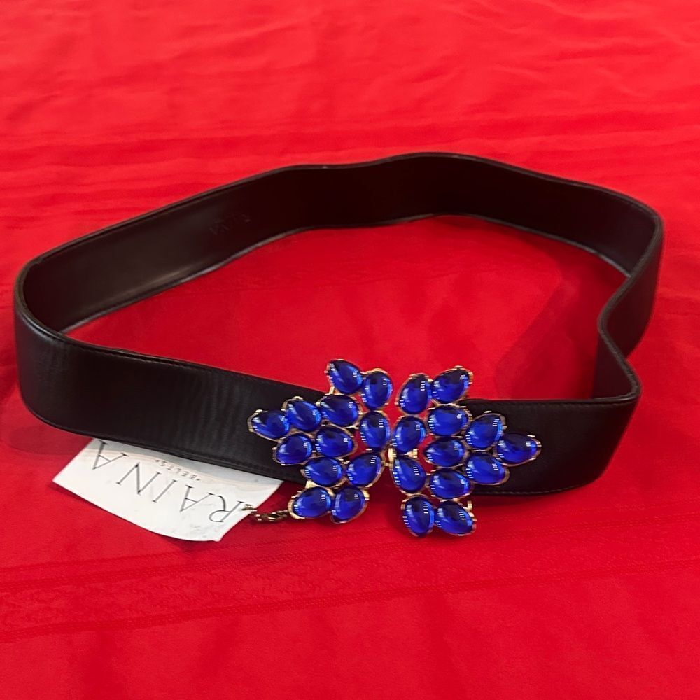 NWT RAINA BLK WISTERIA Elegant Black Belt with Blue Gemstone Accent - Picture 12 of 12